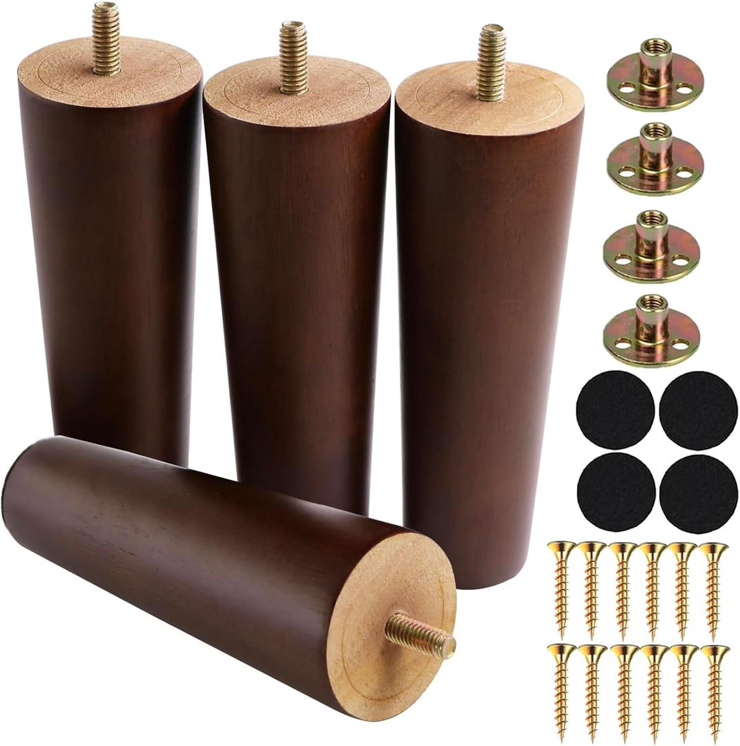Brown 8 Inches Furniture Legs Round Solid Wood Sofa Legs Replacement Legs for Cabinet Vanity Couch Chair Dresser Pack of 4