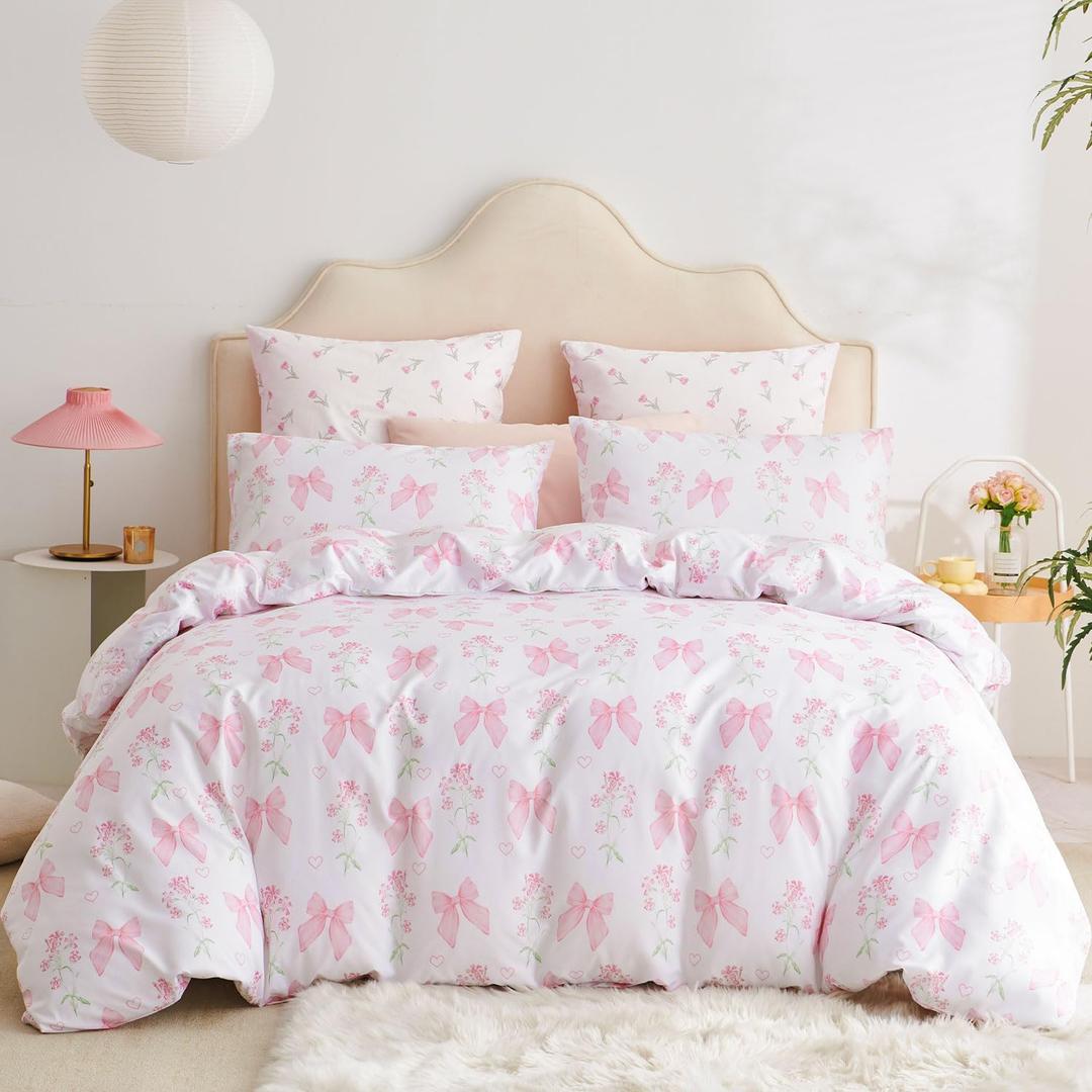 Floral Duvet Cover Twin Pink Bow Bedding Set for Girls Kids, Princess Style Bowknot Flower Design, Coquette Duvet Cover Set 2 Pieces, 1 Pillowcase, 100% Microfiber