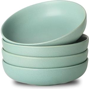 Stoneware Pasta Bowls, 34 oz Salad Bowls Set of 4, Large Kitchen Bowls for Pasta, Salad, Dinner, Ceramic Bowl Plates for Farmhouse Gift, Microwave & Dishwasher Safe, Matte Turquoise