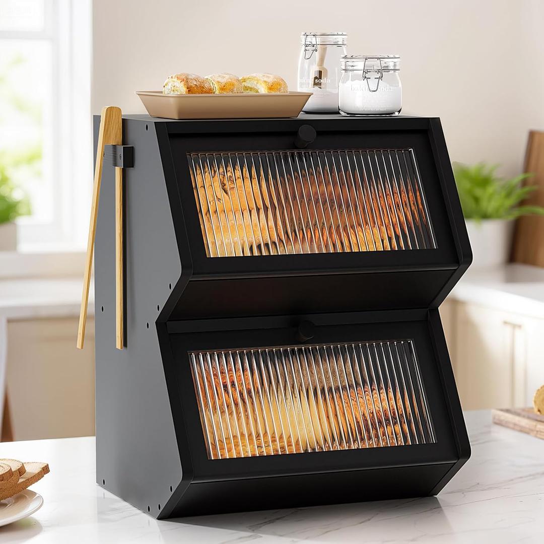 WOWLIVE Double Layer Bread Box for Kitchen Countertop, Large Bamboo Bread Storage Container for Homemade Bread, Farmhouse Bread Holder for Kitchen Counter Cabinet, Pantry, Cupboard (Black, Medium)