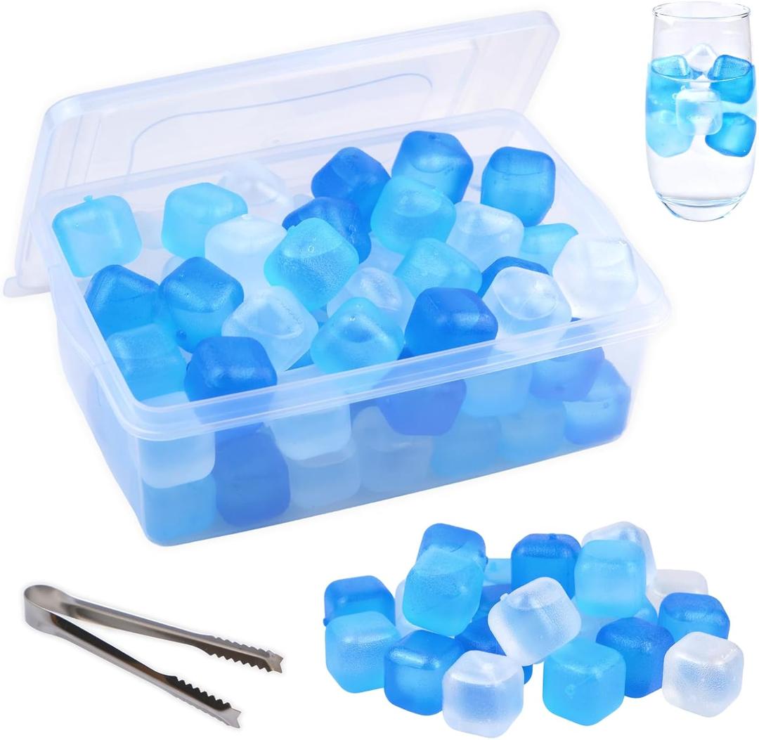 Reusable Ice Cube with Lid & Bin, 60 Pack Plastic Ice Cubes for Drinks BPA Free, Refreezable Square Ice Cubes for Water Bottles, Whiskey, Vodka, Coffee, Cocktails, Beer or Wine