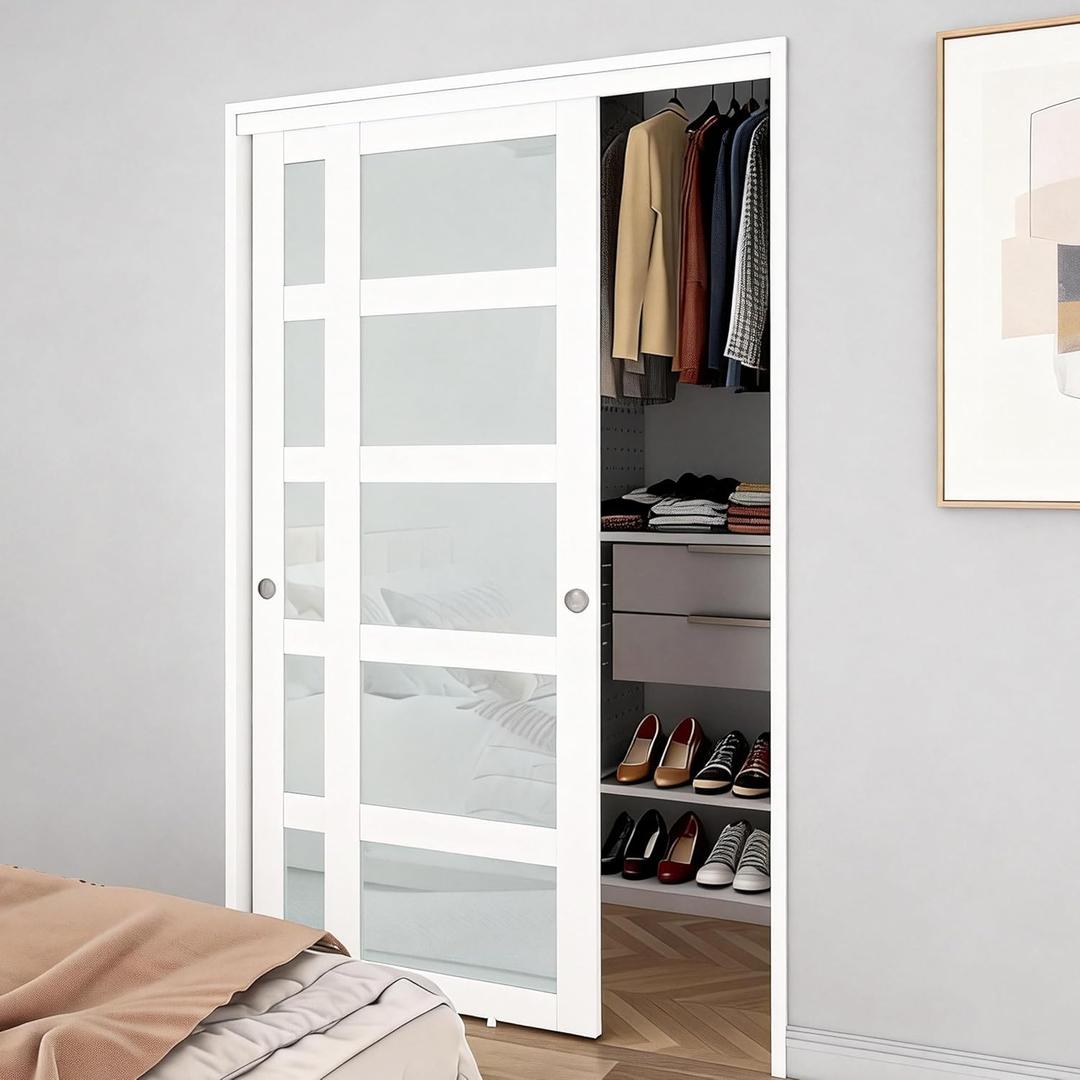 BARNSMITH 60x80" Sliding Closet Door, 5-Panels Preassembled Frosted Glass Door Panel with Hardware Kits & Matching Fascia, MDF Covered with Water-Proof & Anti-Scratch PVC Surface, White
