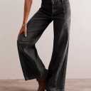 Women Wide Leg Baggy Jeans Mid-High Waisted Straight Stretchy Denim Pants Seamed Long Trousers (Black, M)