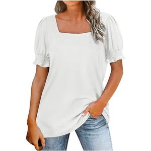 Womens Tops Loose Fitted Flowy Blouses Tunic Tops Short Sleeve Shirts for Women Square Neck Ruffle Sleeve T-Shirt Pullover, M