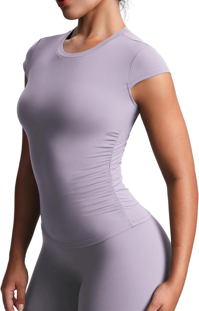 Aoxjox Women's Cap Sleeve T-Shirts Crew Neck Velura Ruched Tee Without Padded Workout PlushFlex Gym Yoga Crop Top (Medium)
