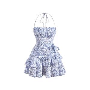 Floerns Women's Floral Halter Ruffle Tiered Cute Summer Mini Dress Milkmaid Vacation Sundress Blue and White, Medium