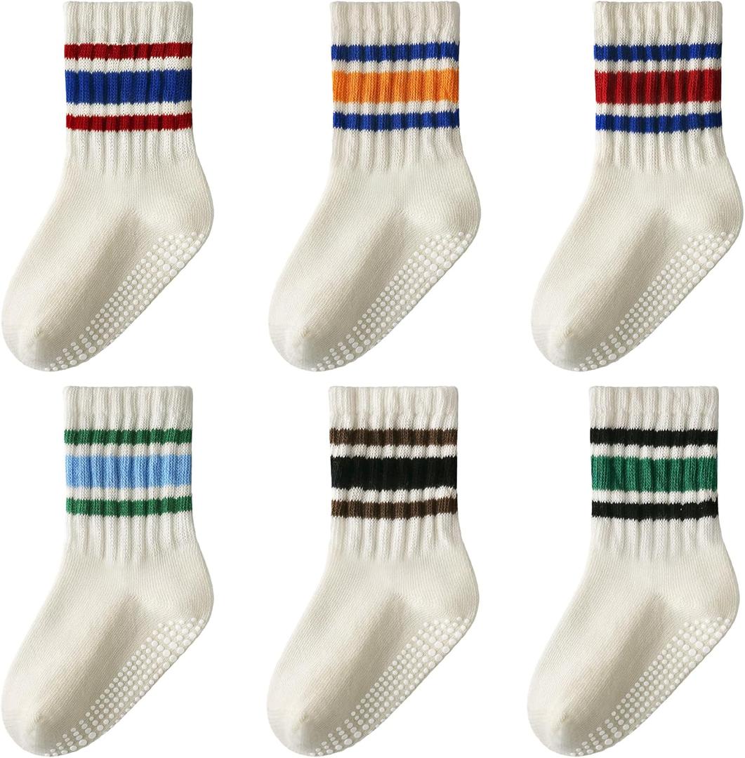 HONGTEYA 6 Pack Baby Toddler Grip Socks with Non-Slip Stripe Grippy Crew Socks for Boys Girls Kids Seamless Toe, 1-6 Years