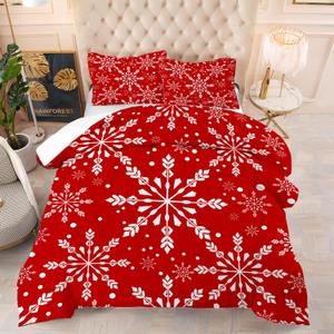 Christmas Comforter Set Queen: Christmas Snowflakes Red Bedding Sets for Teen Girls Women Bedroom Xmas Festival Quilt Winter Snow Duvet Bed Set 1 Comforter & 2 Pillowcases