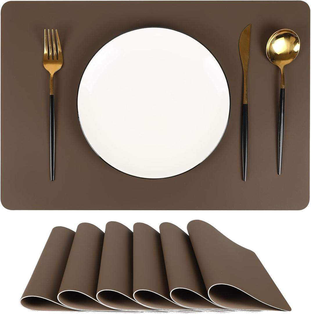 Dark Brown Superfine Leather Placemats Set of 6  Heat Resistant & Waterproof Dining Mats | Non-Slip, Durable, and Easy to Clean Table Mats for Home, Restaurants, Cafs & Offices