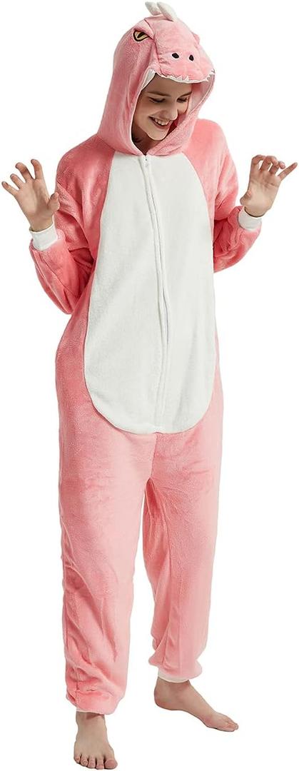 Dinosaur Onesie Adult Dragon Costume T-Rex Animal Women Plush Pajamas One Piece Cosplay Halloween Christmas (Medium, Pink)