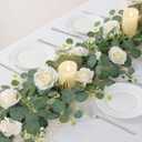 TOCHGREEN 4Pcs(26 Ft) Artificial Eucalyptus & White Rose Flower Garland, Faux Rose Vine & Gypsophila Greenery for Party & Wedding Decor (White, 4PCS)