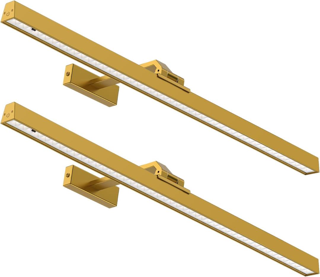 Picture Lights for Wall, 2PCS 24in Battery Operated Picture Light for Paintings CCT Dimmable Recharging Battery Wall Lamp with Remote Control for Living Room Gallery Dartboard Gold Color