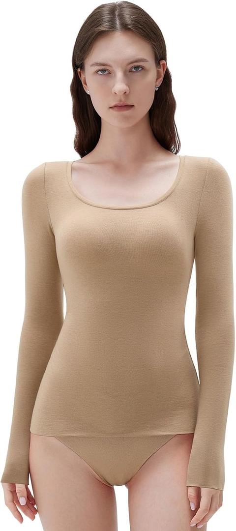 SUUKSESS Cloud Cashmere Women Scoop Neck Fitted Long Sleeve Shirt Basic Knit Tops (Small, Apricot)