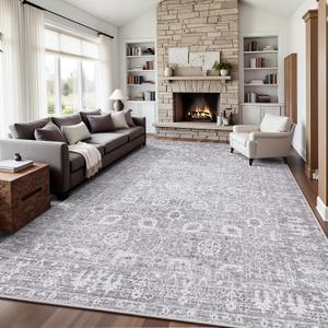 8x10 Area Rugs for Living Room, Washable Vintage Retro Floral Rug, Low Pile Non Slip Distressed Large Carpet for Bedroom, Dining Room, Office, Home (Vintage Purple Grey)