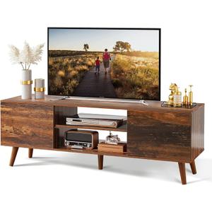 WLIVE TV Stand for 55 60 inch TV, Mid Century Modern TV Console, Entertainment Center with Storage for Living Room, Retro Brown