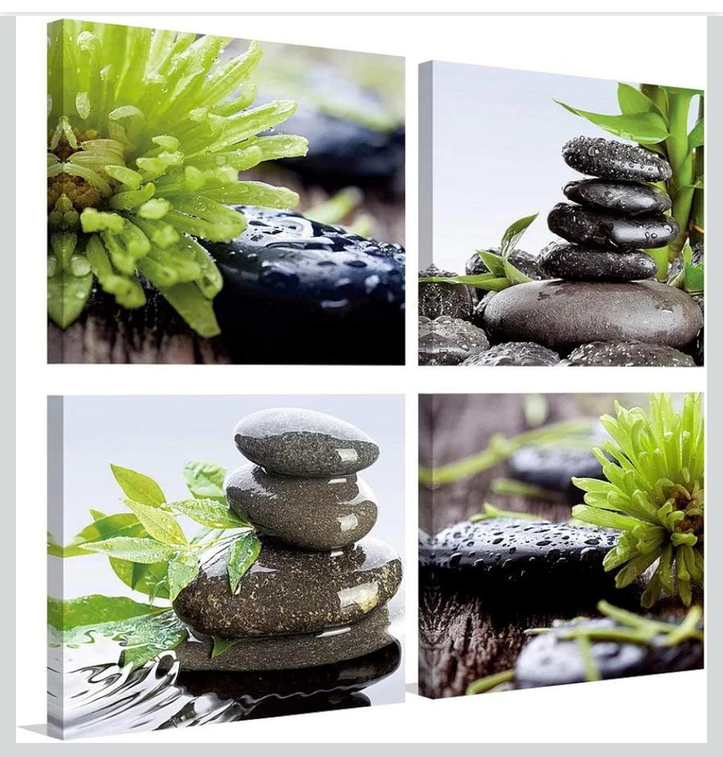 YPY Zen Bathroom Decor Meditation Canvas Wall Art, Water Stone and Green Plants Pictures for Yoga Spa and Office Calming, Relaxing Wall Art for Office Bedroom Living Room (12x12in, 4 Panels)