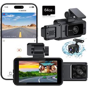Dash Cam Front and Rear, Car Camera with 64GB Card, 3 Channel Dash Camera for Cars, G-Sensor, 3IPS Screen, 24Hr Parking, 170Wide Angle, Loop Recording, IR Night Vision
