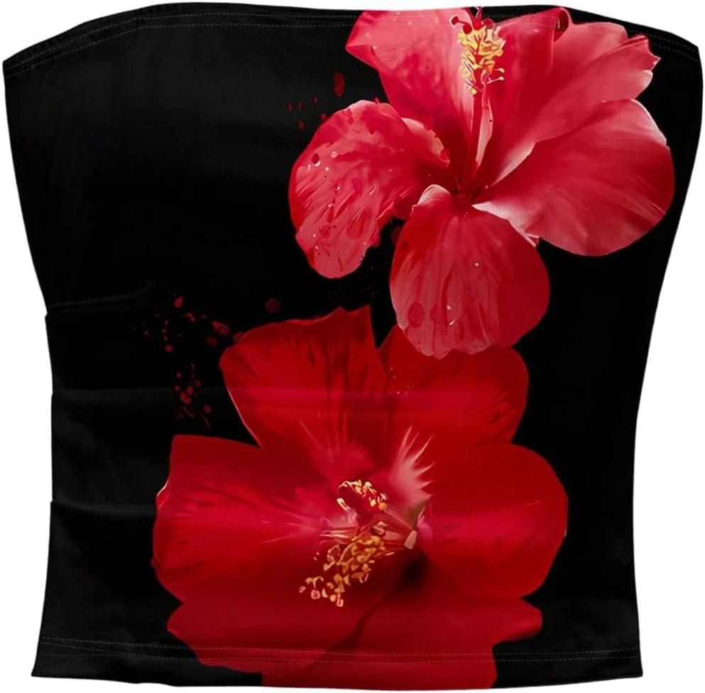 Women's Y2K Floral Tube Top Sleeveless Crop Strapless Tops Slim Fit Hibiscus Bandeau Top (Medium, Black Red)