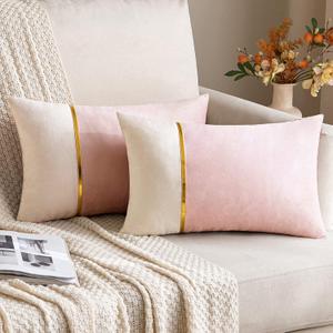 ANRODUO Pack of 2 Pink Throw Pillow Covers Decorative Velvet Patchwork with Gold Leather Pillowcase Soft Solid Decoration Cushion Case Lumbar for Couch Sofa Living Room Spring Room Decor 12x20 Inch