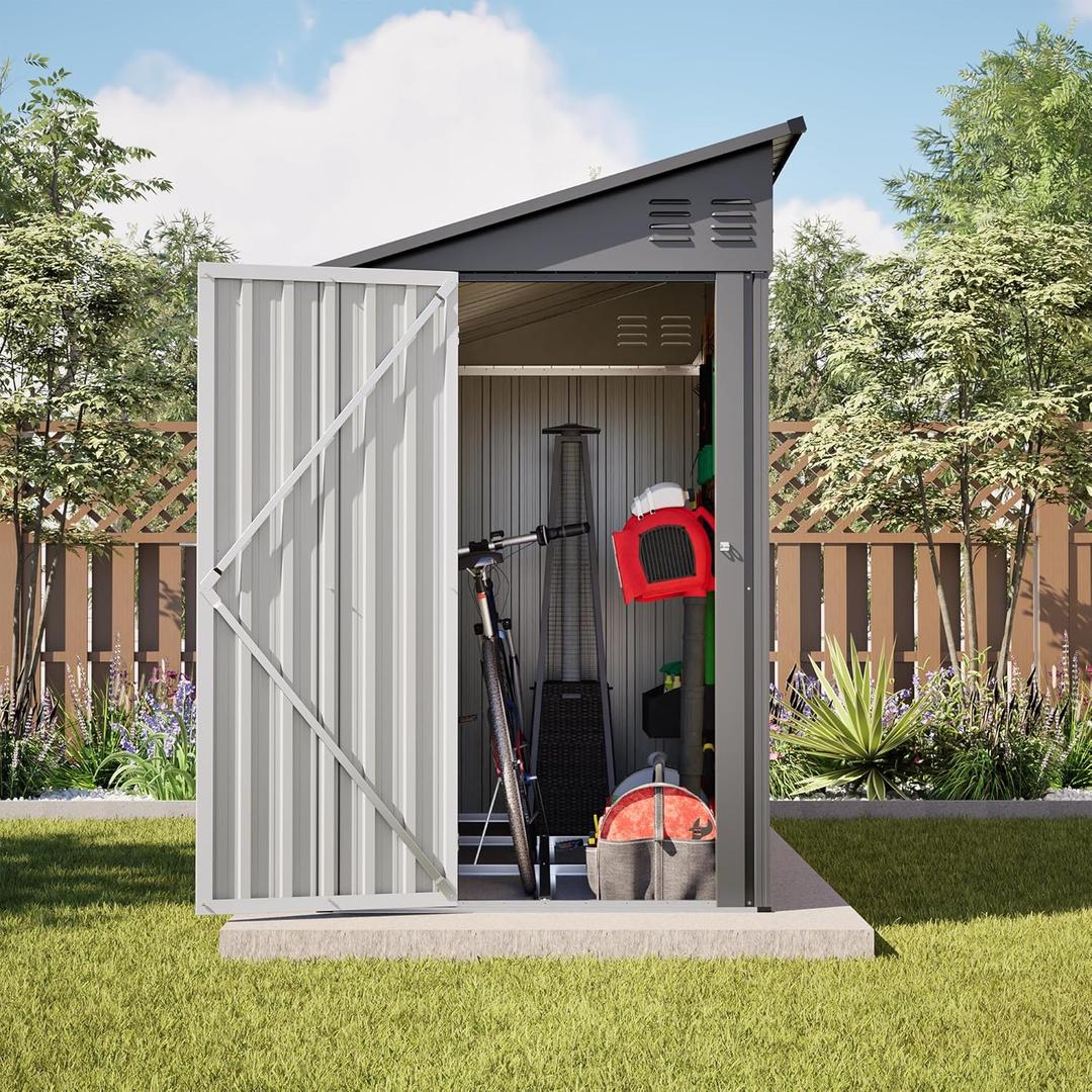 48 FT Lean to Metal Shed,Outdoor Heavy-Duty Storage Shed with Floor Base,All Weather Waterproof Garden Tool House W/Lockable Door&2 Air Vents,Reversible Door Design,for Backyard,Patio,Lawn,Gray