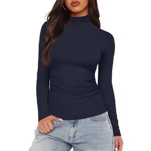 Darong Women Mock Turtle Neck Long Sleeve T Shirt Casual Slim Fitted Ruched Going Out Top (Blue, S)