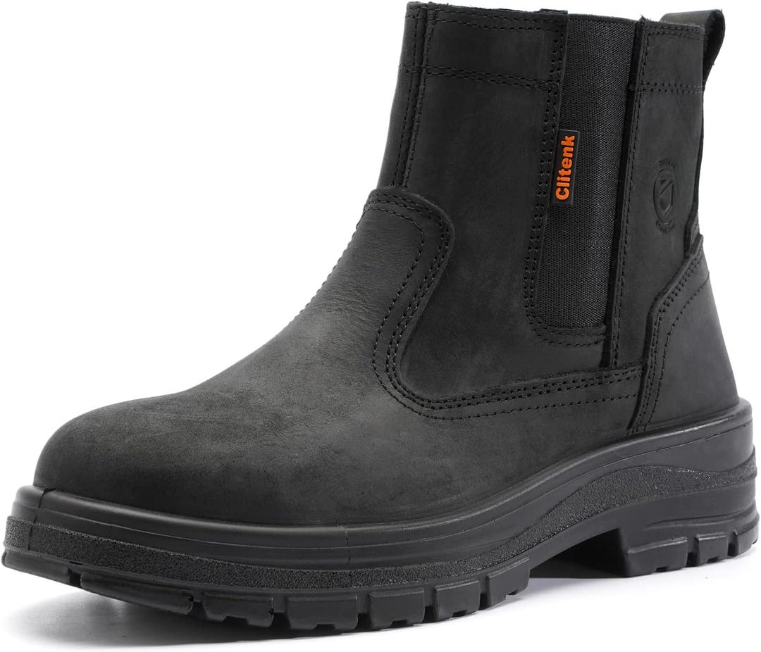 Steel Toe Boots for Men Waterproof, 6" Oiled Full Grain Leather Slip on Work Boots, Non-Slip, Puncture-Proof, Breathable, Comfortable Outdoor Lightweight Mens Work Boots (9, Elegant Black)