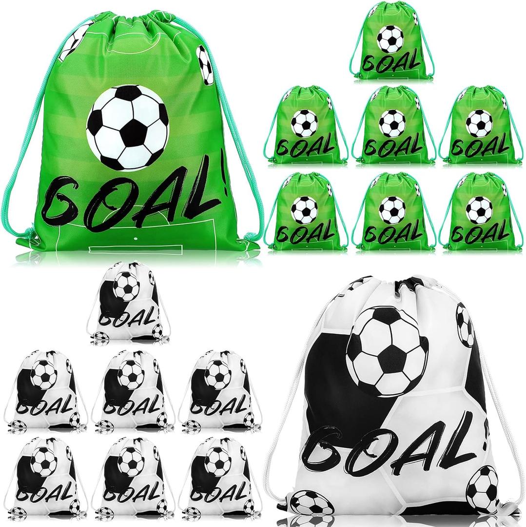 Shappy 16 Pack Drawstring Bags for Party Favors 12 x 10 Inch Treat Candy Goodie Gifts Bags Team Supplies Sport Birthday Party Favors(Soccer,Green, Black)