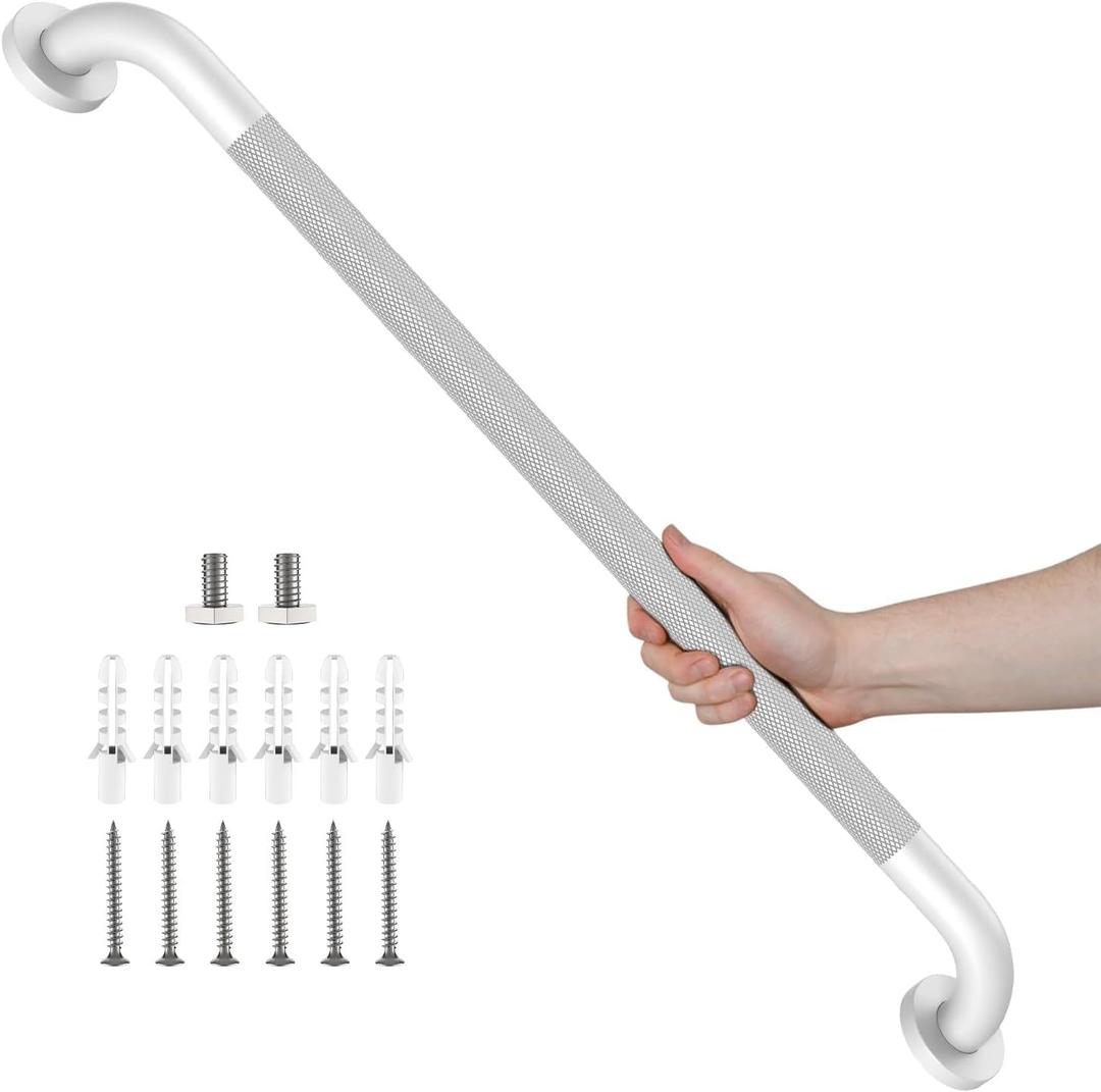 White Grab Bar 32 Inch, Grab Bar for Bathtub and Shower | Anti-Slip Knurled Grip, Stainless Steel, Bathroom Assist Handle Handrail, Handicap Support Bars for Toilet, 1.25" Diameter