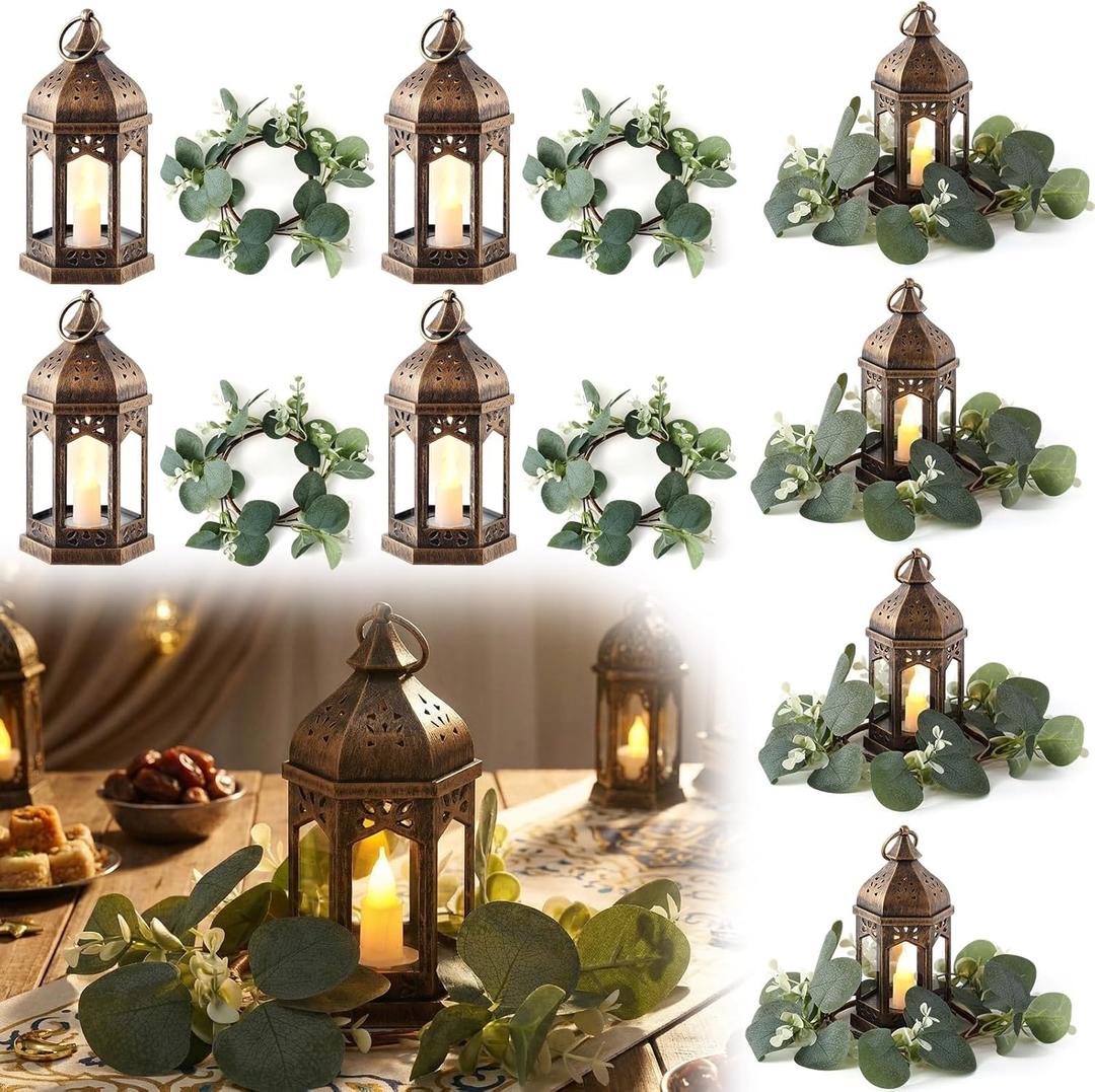 8 Sets 7in Large Vintage Ramadan Lantern, LED Candle Lantern Decorative with Artificial Eucalyptus Candle Rings for Wedding Centerpiece Decor Party Table Decorations Valentine's Day Decor