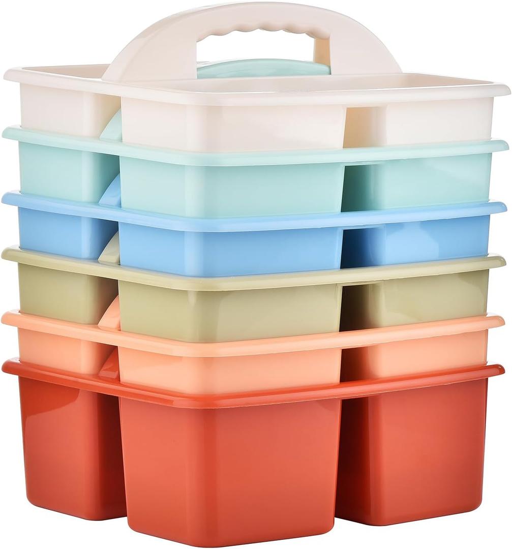 Plastic Storage Caddy Organizers, 6 Pcs Portable Teacher Classroom Supply Caddies with Handle, 3-Compartment Utility Craft Art Caddy for Kids, School Classroom and Office Organization, Boho Colors (Rainbow)