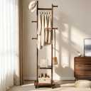 Solid Wood Coat Rack with Wheels - 2-Tier Freestanding Clothing Rack with 5 Hooks & Storage Shelves, Heavy Duty Rolling Clothes Stand for Entryway, Bedroom, Corner