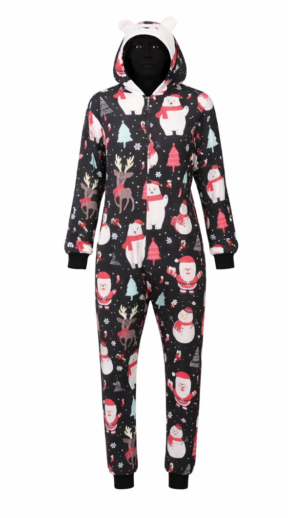 Large Christmas onesie pajama, black with festive Santa, snowman, reindeer, and tree print. Full-length design with front zipper, hood with ears, and elastic cuffs on wrists and ankles. Soft and cozy material — perfect for winter or holiday use