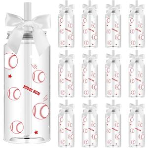12 Pack 14.2 oz Plastic Cups with Lids and Straws Clear Reusable Cups Twist Bows Tumbler Bottle for Birthday Sports Themed Party Favors Decorations Bulk (Baseball), Small