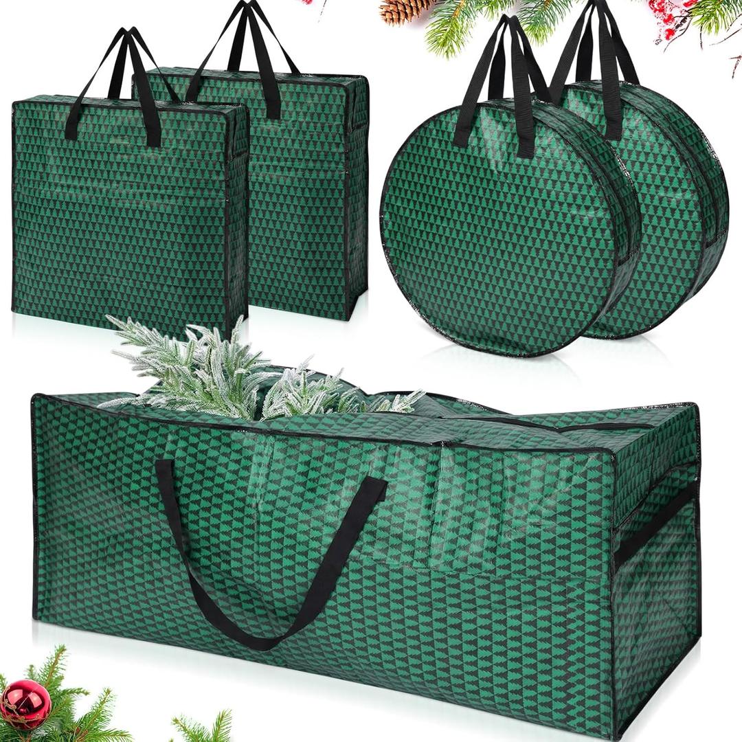 5 Pack Christmas Storage Bags,7.5 ft Green Christmas Tree Large Bag, 24" Wreath Containers and 25" Garland Packing Tote Moving Bags with Handle Zipper for Artificial Xmas Tree Wreath Garland