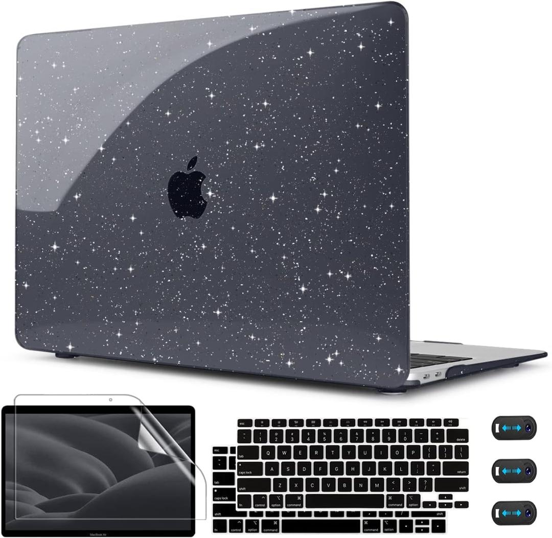 CISSOOK Sparkly Black Star Case for MacBook Air 13 Inch A2337 M1 A2179 A1932 2021-2018 Release, Plastic Glitter Bling Hard Shell Case with Keyboard Cover for MacBook Air M1 2021 with Touch ID