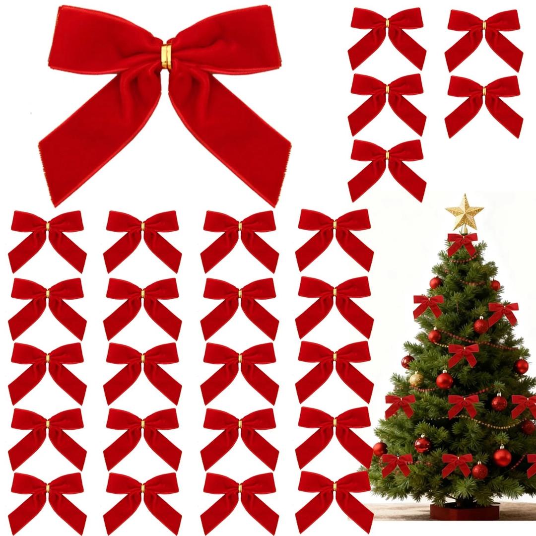 GAOKOXI 26 Pcs Red Small Velvet Bows Decorations Vintage Christmas Ornaments for Christmas Tree Gift Wrapping Wreath Table Fireplace Garland and Xmas Party