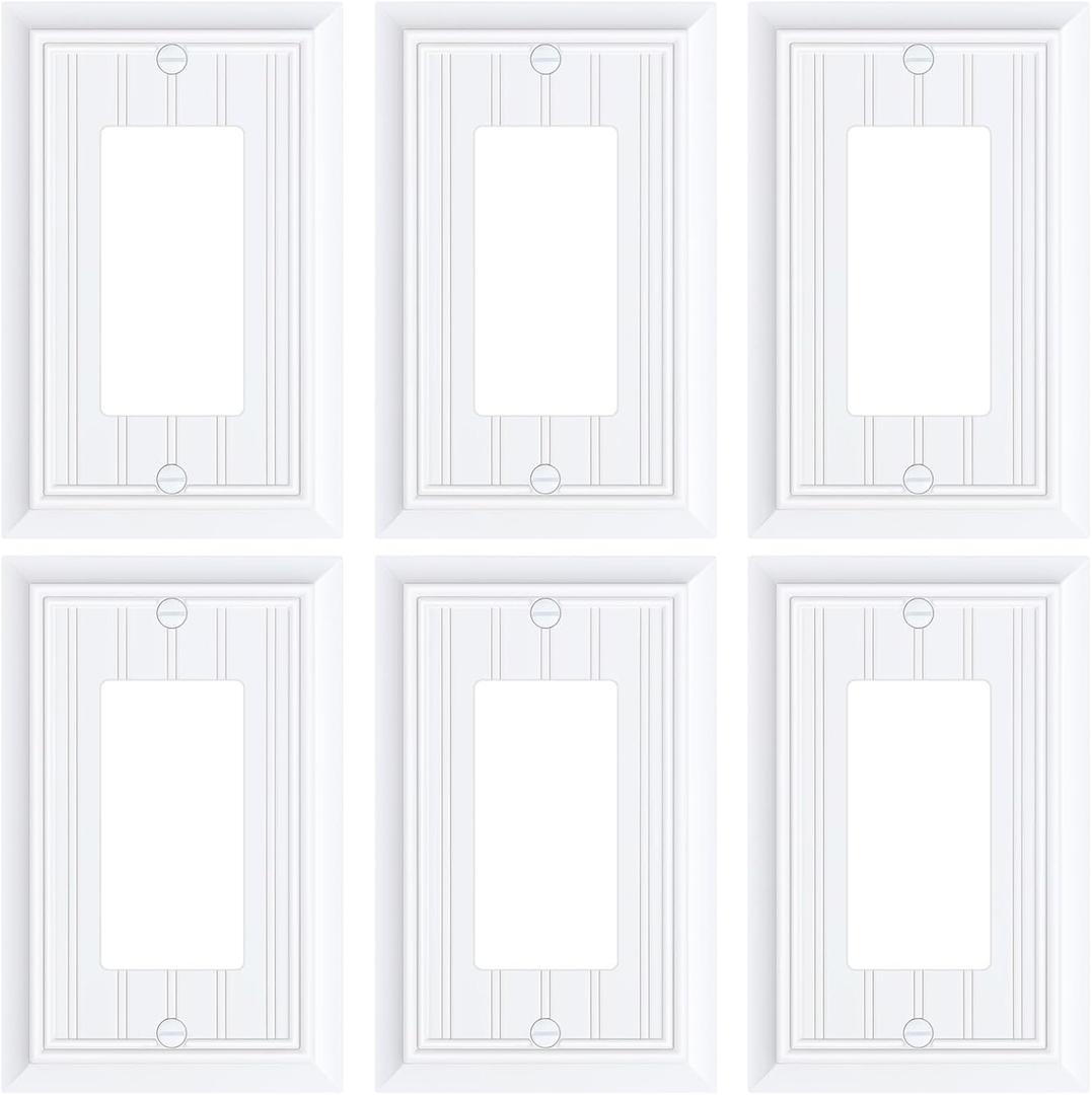 6-Pack Classic Beadboard Decorator Wall Plate Cover, Pure White Decorative Switch Plates and Outlet Covers, Durable Natural Bamboo Fiber Wall Plates for Electrical Outlets, Receptacle, GFCI Outlet