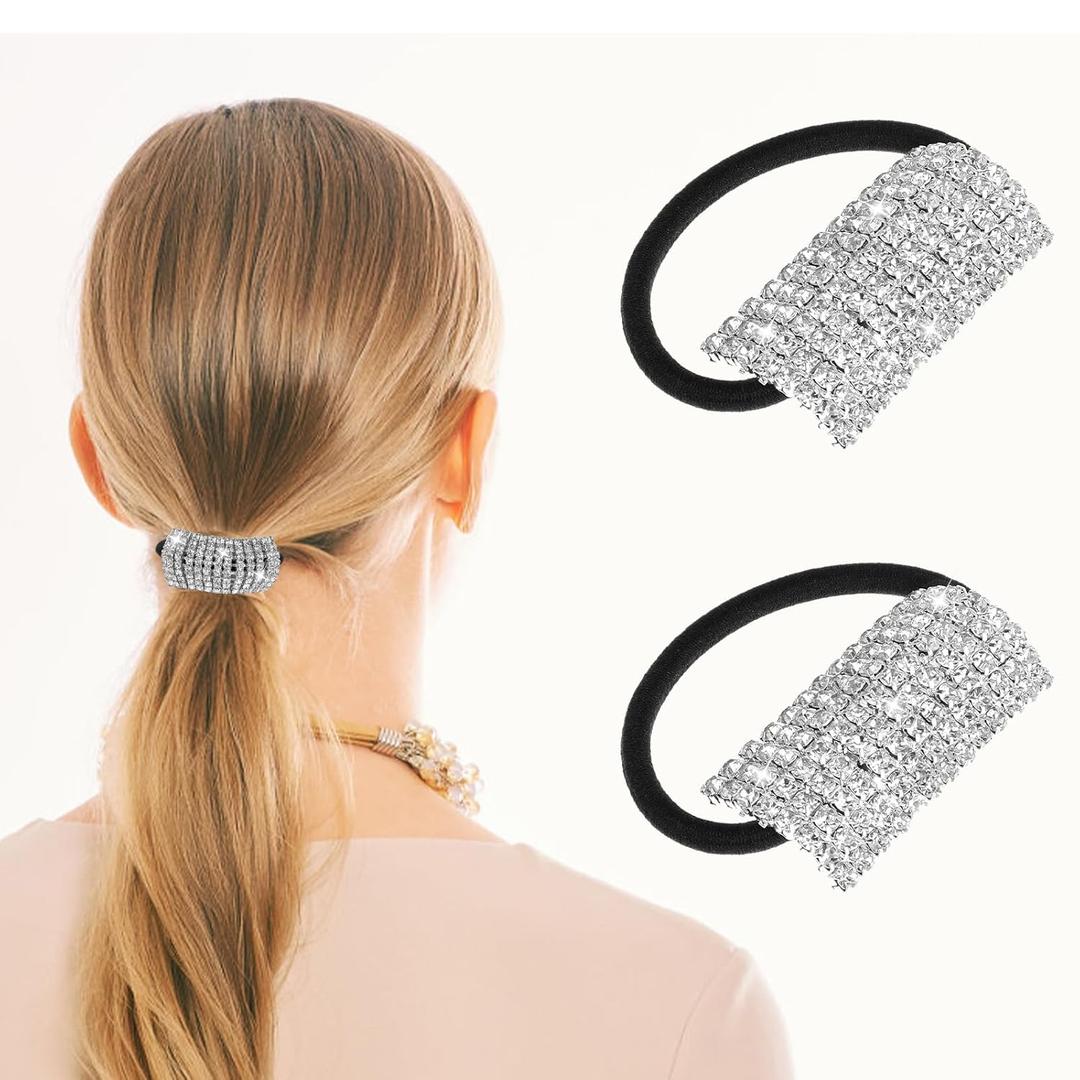 Molain 2Pcs Sparkly Rhinestone Hair Ties Ponytail Holder Fashion Elastics Scrunchies Fancy Crystal Hair Ties Rhinestone Hair Accessories for Thin Thick Hair Women Girls Hair Bands