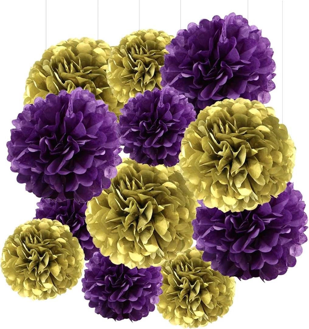 Purple & Gold Tissue Paper Pom-Poms - Hanging Paper Pompoms Flower Ball Wedding, Birthday Party Decoration (6pcs 12in & 10in)