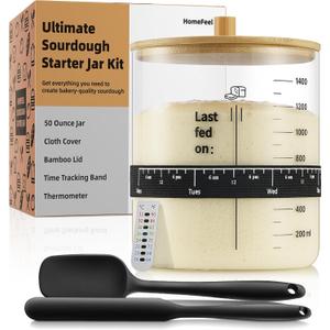 Premium Sourdough Starter Jar - 50 oz Large Glass Jar with Bamboo Lid, Cloth Cover, Date Tracker, Thermometer and Scraper, Stylish Design and Wide Mouth Starter Kit