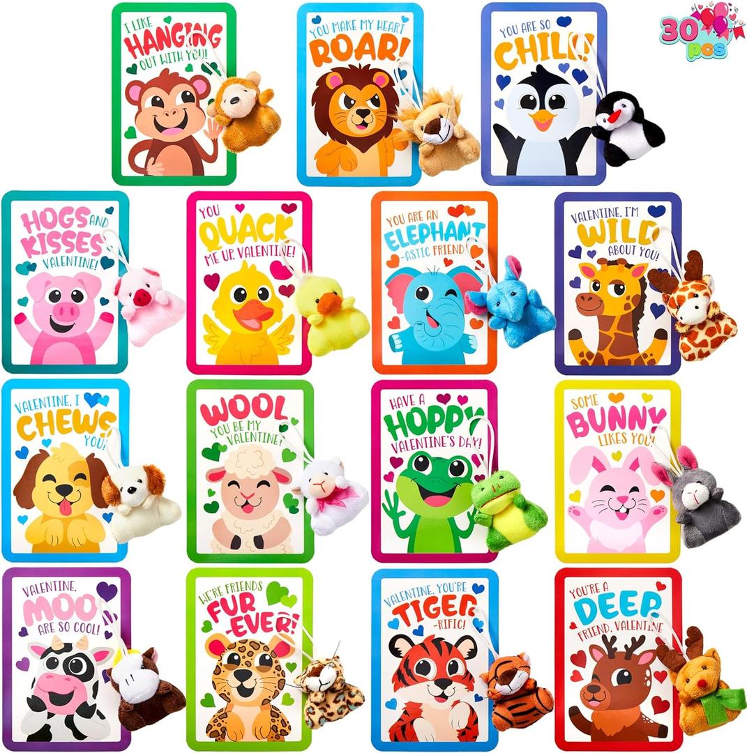 JOYIN 30 Packs Valentine's Day Gifts Cards with Plush Toy for Kids, Valentine's Plush Keychain Toy for Classroom Exchange Cards and Party Favor, Greeting Gifts, Game Prizes