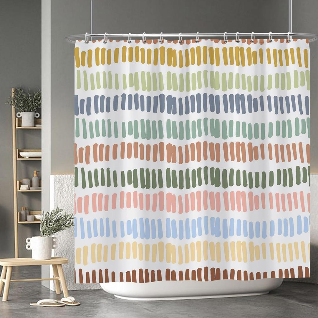 Baocicco Multicolour Stripe Bathroom Curtain Decor with Hooks - Rainbow Polychrome Aesthetic Shower Decor Accessory Set - Waterproof Polyester Fabric - 72x72 Inches - Set with 12 Hooks (72W x 72H(for Standard Bathtub))
