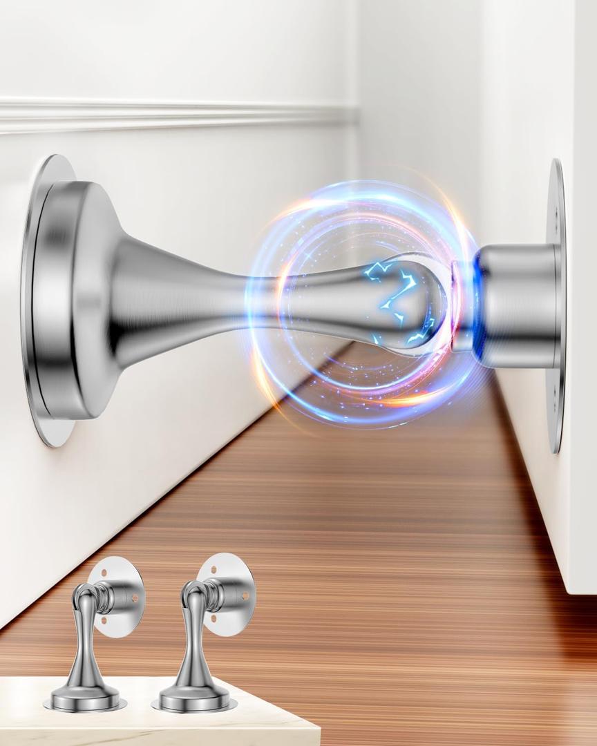 Door Stoppers Magnetic Door Catch - 2 Pack Stainless Steel Heavy Duty Door Holder Stops for Bottom Top of Door - Wall Floor Mounting No Drill 3M Adhesive & Screws Strong Magnet Keep Door Open(Silver) (2 Pack, Silver)
