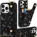 Petitian for iPhone 14 Pro Max Case with Wallet - Women Girls Cute Girly Aesthetic Unique Design Leather Credit Card Holder Cardholder Stand Wristband for iPhone 14 Pro Max, Black Butterfly