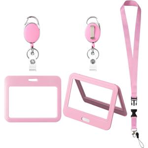 ID Badge Holders and Retractable Reel Clips,Lanyard with Release Buckle, Key Card Holder Nametag Protector for Nurse Women Girl Kid Office Teacher Doctor Student (Pink Horizontal,Double-Sided Clear)
