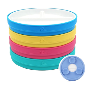Elk and Friends Kids 6.7” Porcelain Divided Plates with Silicone Suction Sleeves | Suitable for Babies/Kids/Toddlers | Microwave & Dishwasher Safe | Non Slip | Snack Dishes | 4 Pack