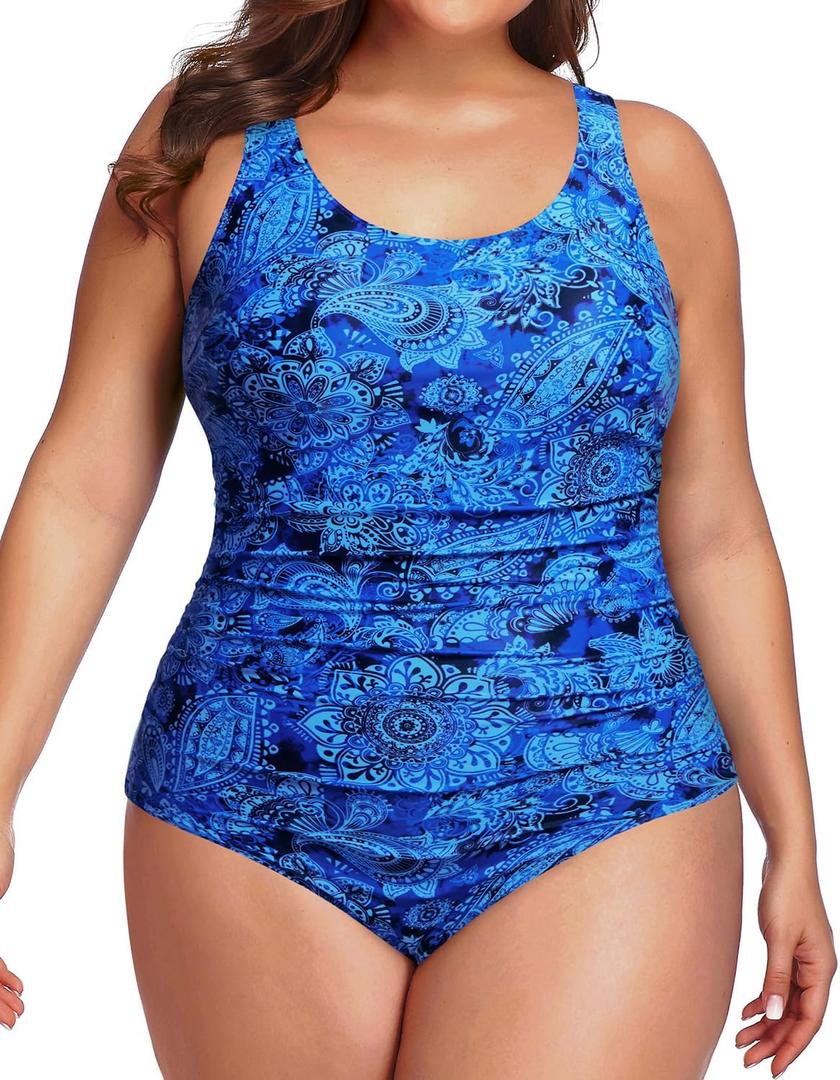 Daci Women Plus Size One Piece Swimsuit Athletic Tummy Control Ruched Bathing Suit with U-Back