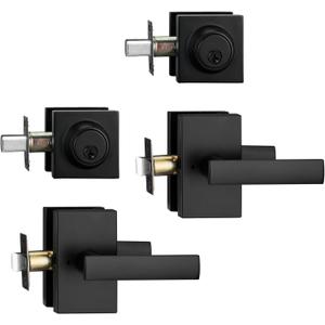 2 Pack Matt Black Exterior Door Lock Setl, Front Door Handle with Deadbolt Lock, Heavy Duty Entry Door Handlset