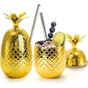 Okllen 2 Pack Plastic Pineapple Drink Cups, 16 OZ Gold Pineapple Tumbler with Stretched Straw, Hawaiian Luau Party Cups for Cocktail, Juice, Beer, Tiki Cups for Hawaiian Party Favor Decorations