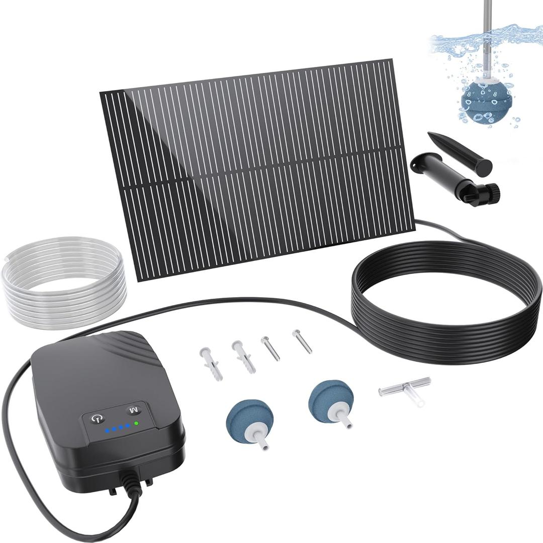 Biling 2W Solar Pond Aerator with Battery Backup, Air Hose, Air Stones, 3 Working Modes for Outdoor Fish Pond Stock Tank Aquarium